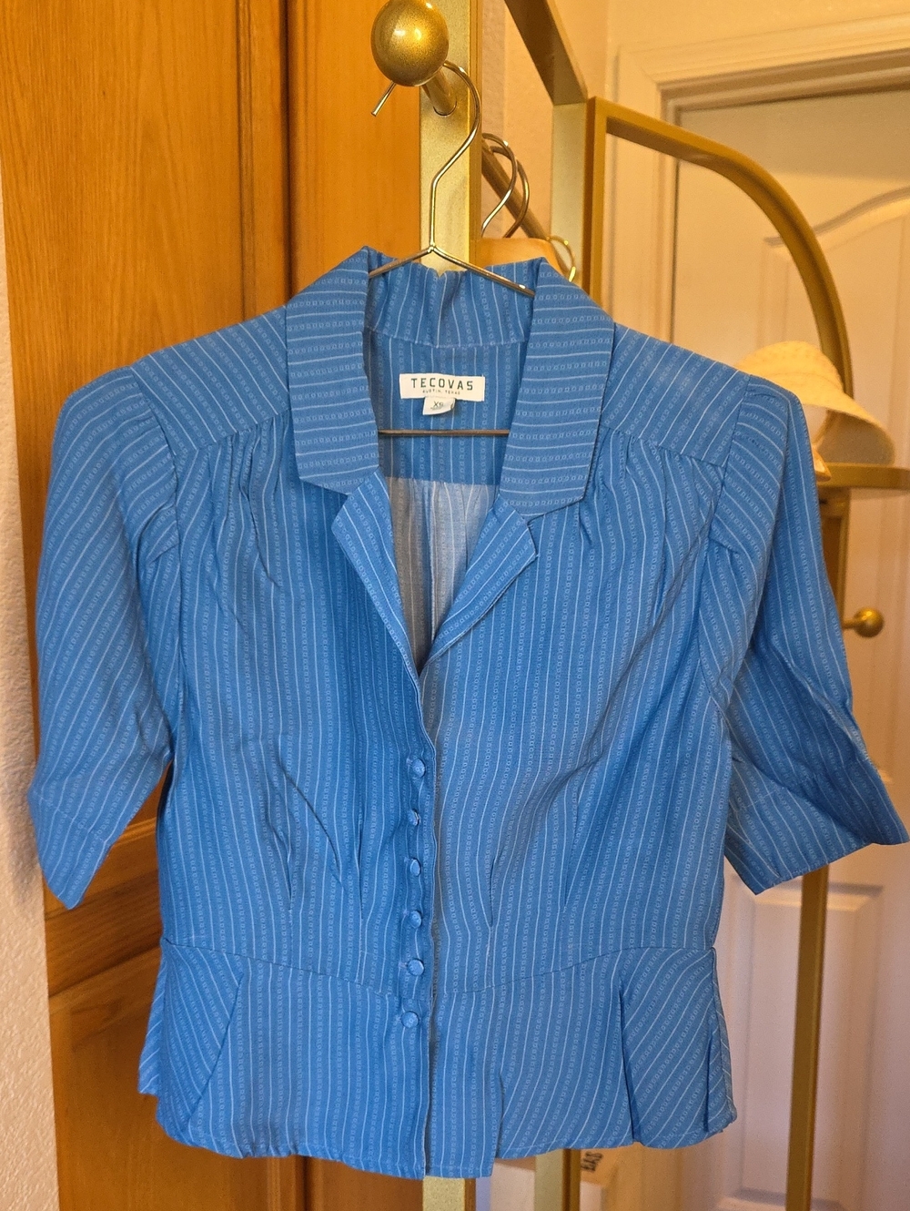 Tecovas Indigo Blue Striped Pleated Button-Up Short Sleeve Western Fitted XS